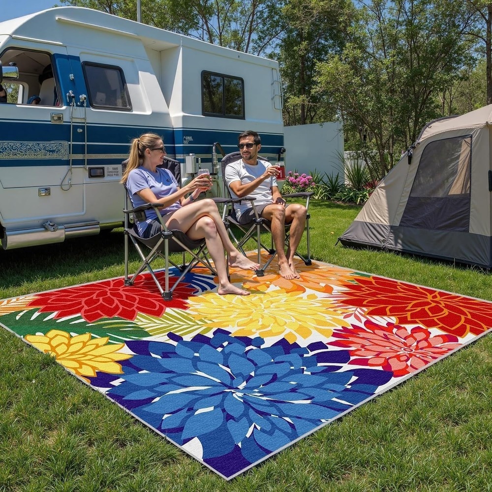 Washable Waterproof Outdoor Area Rug Tropical Floral Chenille Patio Carpet 5x8ft